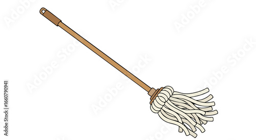 Cartoon Illustration of a Traditional String Mop with Wooden Handle on a White Background showcasing cleaning implement depiction and domestic tool