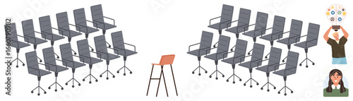 Rows of office chairs for a formal setup, a single distinct chair in the center, a person holding icons for innovation and original ideas. Ideal for teamwork, leadership, innovation, individuality