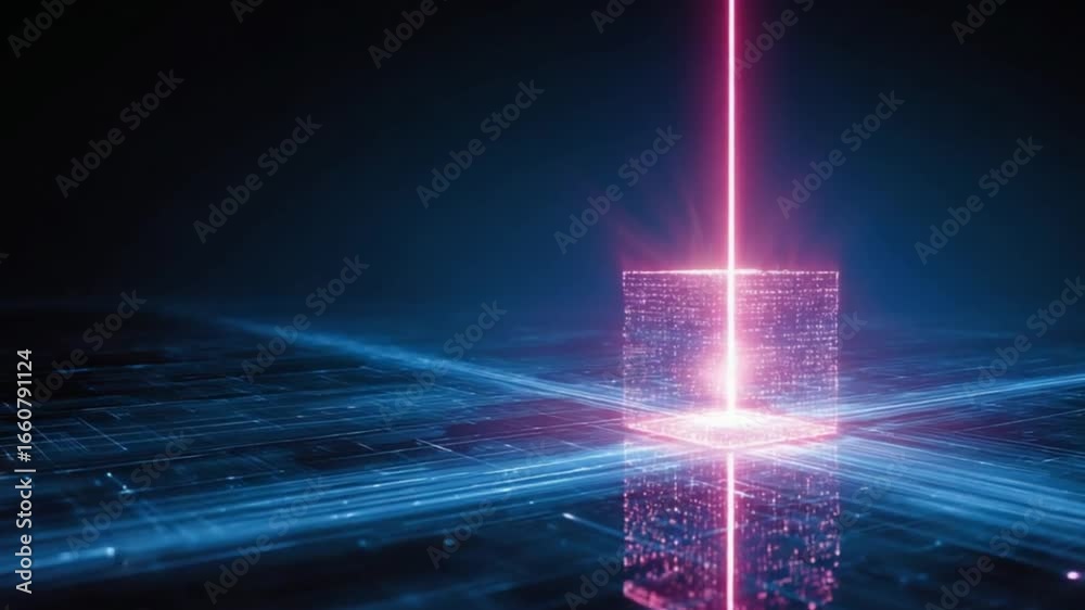 Pink beam passes through a crystalline cube on a blue network grid surface