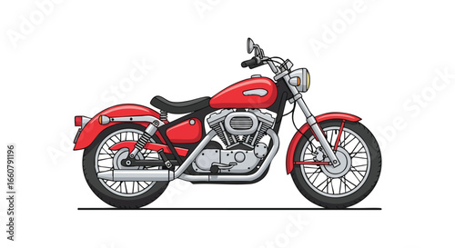 Vivid red motorbike illustration, showcasing classic styling and clean lines with a vintage motorcycle appeal rendered in a cartoon style drawing