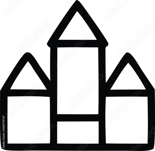 Simple hand-drawn castle icon symbol representing fantasy medieval fortress architecture with towers and battlements