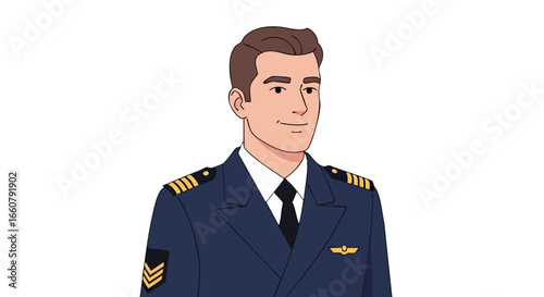 Illustration of a confident pilot in formal attire, perfect for aviation themed designs and promotional material representing the aviation industry