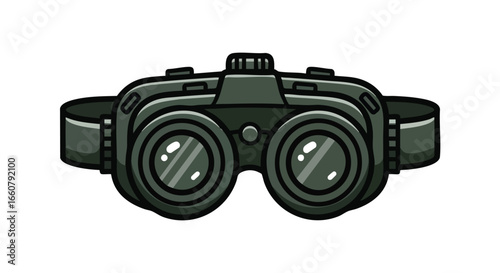 Detailed vector illustration of black stylized binoculars with adjustable strap for outdoor activities and observation equipment