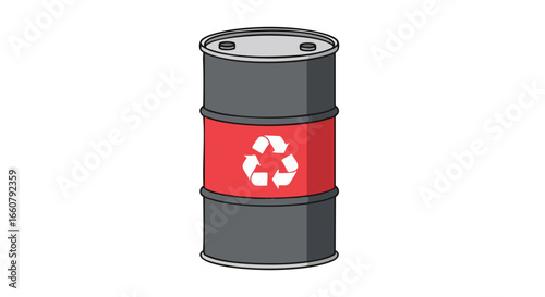 Environmentally conscious liquid container: Recycling symbol displayed on a metal drum emphasizing conservation and sustainability practices and