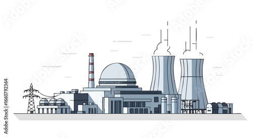 Stylized Nuclear Power Plant Illustration Depicting Energy Infrastructure and Cooling Towers, Emphasizing Clean and Efficient Energy Production