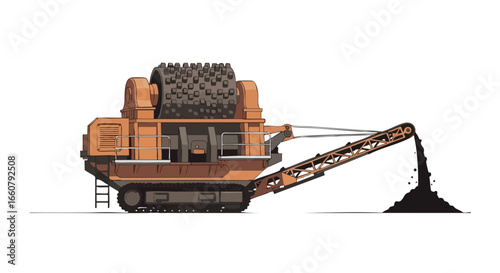 Illustration of a powerful soil stabilization machine, a complex piece of machinery with unique features, showcased on a clean white backdrop