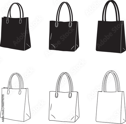 Set of six stylish tote bags in black and outline designs for fashion and retail promotions
