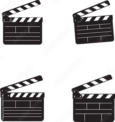 Collection of four silhouette film clapperboards ready for action cinema production
