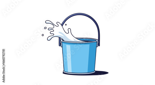 Illustrative depiction of a light blue bucket with a dynamic splash of white liquid overflowing the container symbolizing abundance and cartoonish