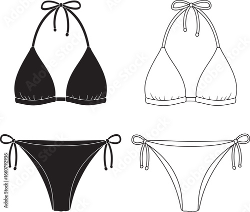 Hand drawn sketch of black and white bikini swimwear outfits isolated on white for summer fashion design