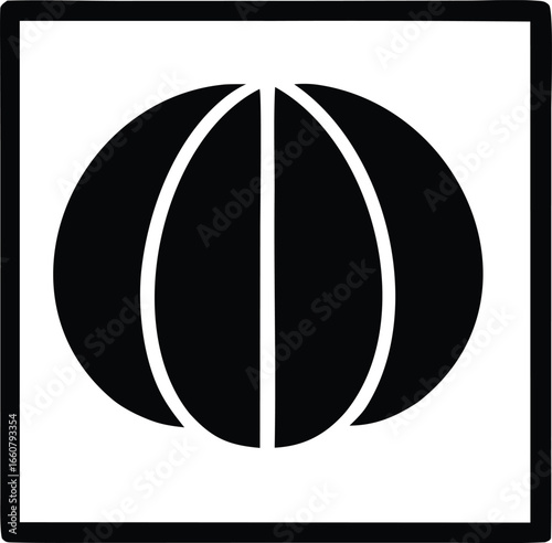 Simple black and white icon of a textured sphere with vertical divisions on a white canvas