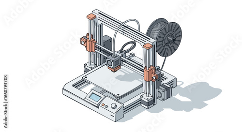 Isometric representation of a 3D printer showcasing its functionality in a clean simple manner