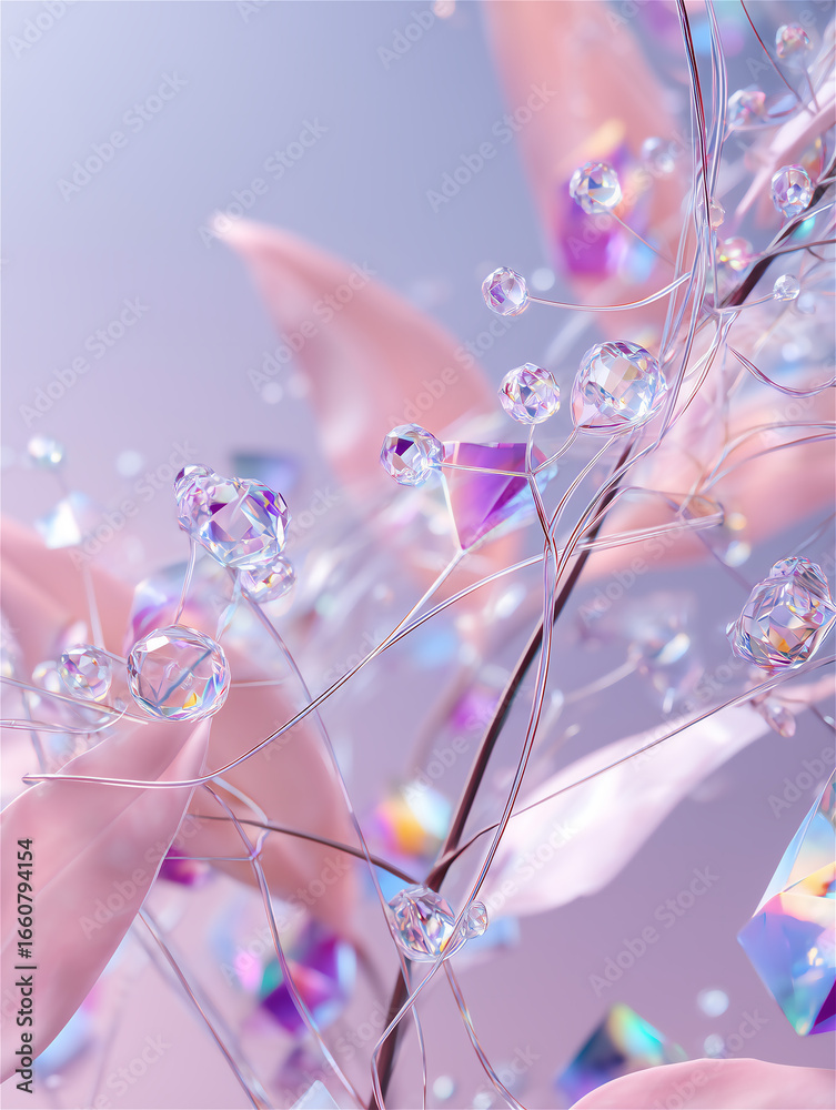 Fototapeta premium ピンクの葉とクリスタルの粒が舞う背景画像