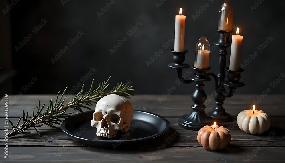 Obraz premium Halloween still life featuring a skull on a plate, lit candles in a candelabra, and small pumpkins on a rustic wooden table.