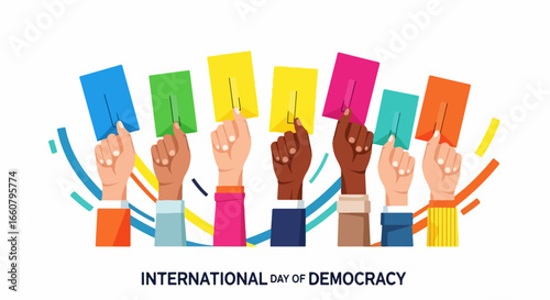 Diverse hands raise colorful cards celebrating democracy and voting rights