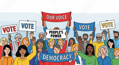Diverse crowd rallies for democracy, holding signs for vote and people's power
