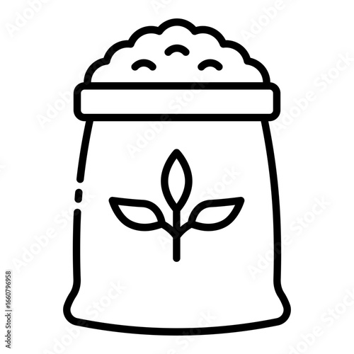 fertilizer outline icon with bag of nutrients supporting crop and soil growth