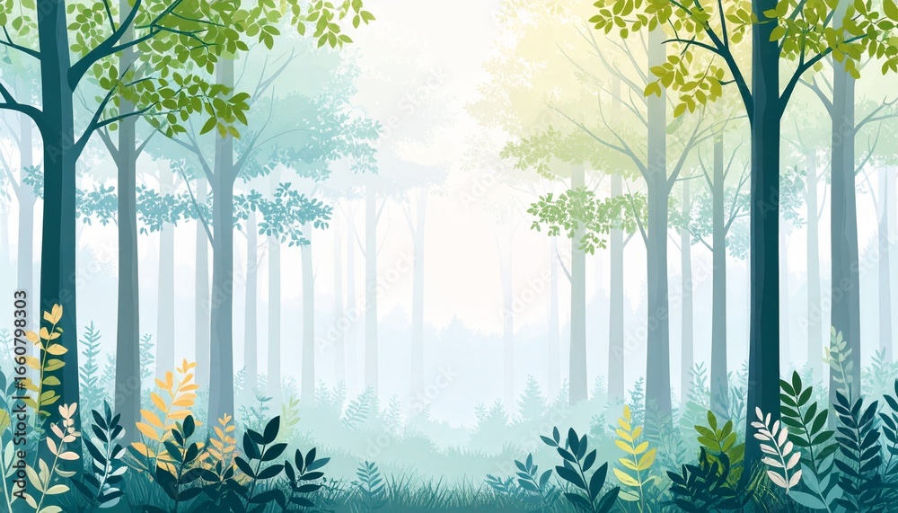 Obraz premium Misty Forest Layers With Botanical Accents