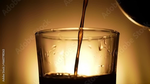 Dark liquid pouring into glass.