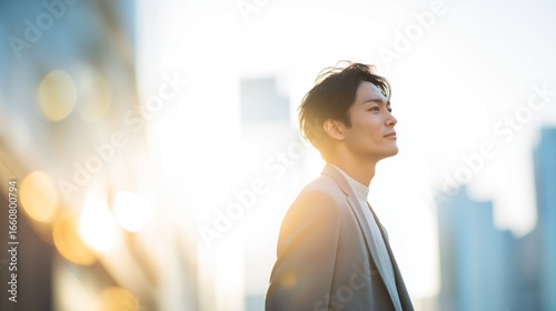 街の背景と男性のポートレート