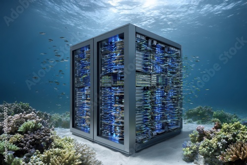 A large metal box underwater in a glowing blue environment, possibly representing an underwater data center.