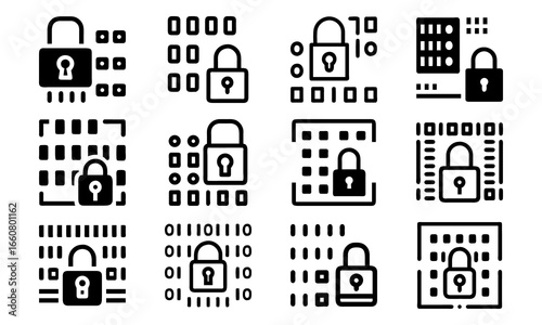 Cybersecurity Padlock Icons with Binary Code Background – Digital Data Protection, Network Security, Encryption, and Privacy Concept Vector Illustration