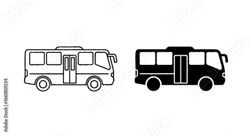 Single vector icon of a bus | Includes a thin line art version next to a matching silhouette version Minimal, clean, monochrome, isolated on white background, flat vector style