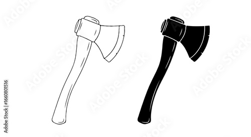 Axe illustration in two styles side by side, left side thin line outline minimal line art, right side solid black silhouette, monochrome, no color, isolated on white background, clean vector style