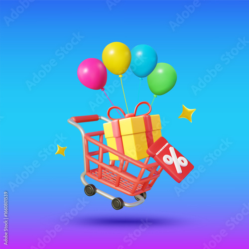 A 3D vector render illustration of a shopping cart filled with colorful gift boxes, colorful balloons, and coupons. The atmosphere is fun, vibrant, and modern, conveying a festive, discounted atmosphe