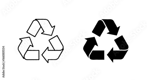 Single vector icon of a recycling symbol | Includes a thin line art version next to a matching silhouette version Minimal, clean, monochrome, isolated on white background, flat vector style