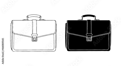 Briefcase illustration in two styles side by side, left side thin line outline minimal line art, right side solid black silhouette, monochrome, no color, isolated on white background, clean vector