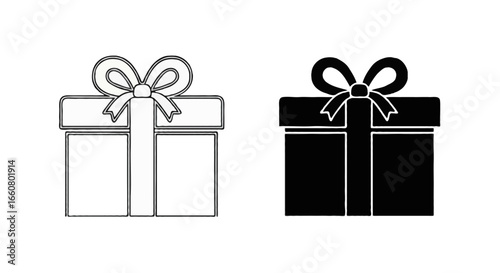 Single vector icon of a gift box or present |  Includes a thin line art version next to a matching silhouette version Minimal, clean, monochrome, isolated on white background, flat vector style