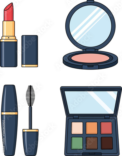 Flat lay illustration of various makeup products, including lipstick, compact powder, mascara, and eyeshadow palette.