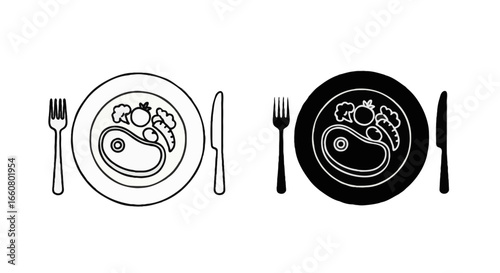 Single vector icon of a plate with food 
| Includes a thin line art version next to a matching silhouette version Minimal, clean, monochrome, isolated on white background, flat vector style