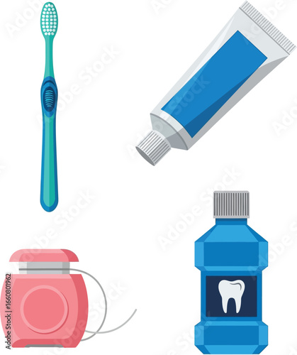 Oral hygiene essentials: toothbrush, toothpaste, floss, and mouthwash.