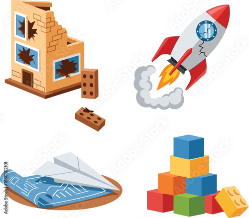 A dilapidated building, a launching rocket, blueprints, and building blocks symbolize destruction, innovation, planning, and construction.