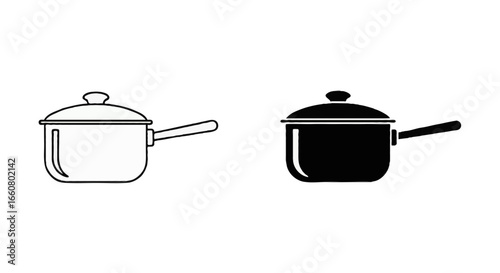 Single vector icon of a cooking pot or saucepan |  Includes a thin line art version next to a matching silhouette version Minimal, clean, monochrome, isolated on white background, flat vector style