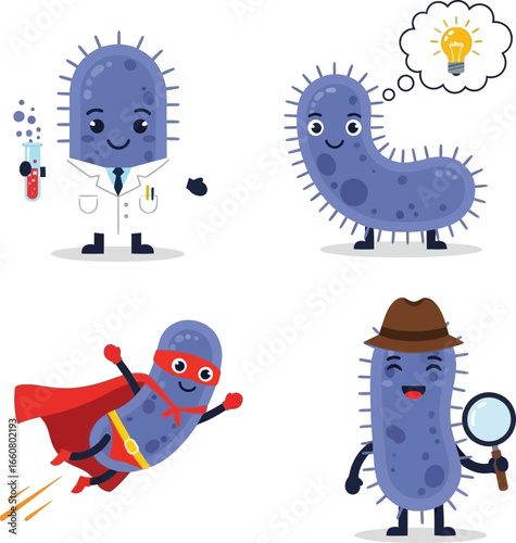 Four adorable cartoon bacteria characters in various professions: scientist, superhero, detective, and thinker.