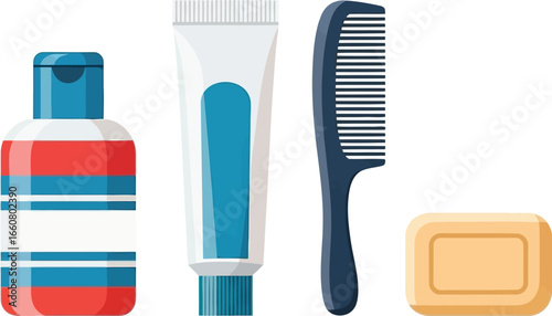 Essential toiletries:  a red bottle, toothpaste tube, comb, and bar of soap.