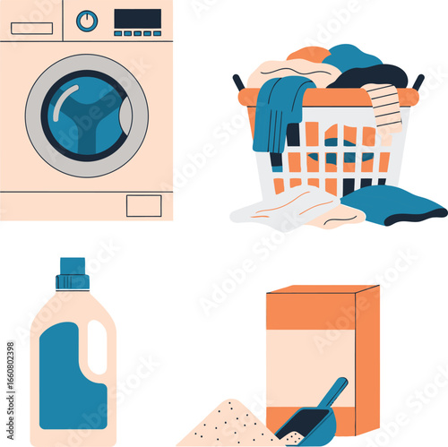 Illustration depicts laundry elements: washing machine, basket of clothes, detergent, and powder.
