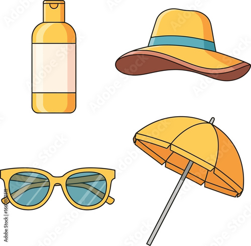 Vector illustration of beach essentials: sunscreen, hat, sunglasses, and umbrella, all in yellow.