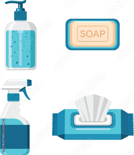 Illustration of hygiene and cleaning products including hand sanitizer, soap, spray, and wipes.