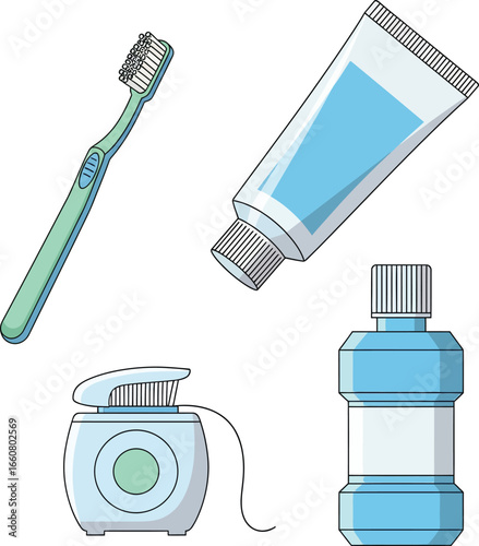 Illustration of dental hygiene tools, including toothbrush, toothpaste, floss, and mouthwash.