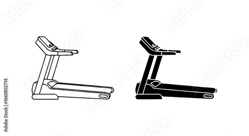 Single vector icon of a treadmill | Includes a thin line art version next to a matching silhouette version. Minimal, clean, monochrome, isolated on white background, flat vector style