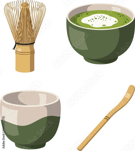 Illustration of matcha tea preparation elements: whisk, bowl with tea, empty bowl, and bamboo scoop.