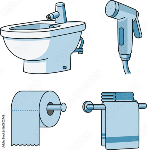 Cartoon illustration depicting a bidet, bidet shower, toilet paper roll, and hanging towels.