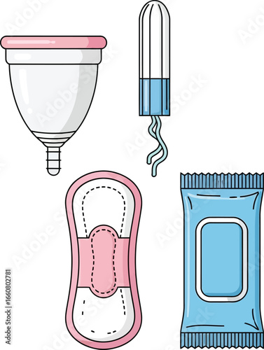 Illustration showing menstrual cup, tampon, sanitary pad and a wipe, all related to feminine hygiene.