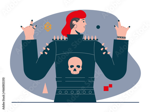 Man wearing black leather jacket with skull image on the back. Rock n' roll vector illustration. Flat illustration concept.