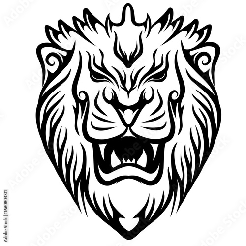 Intricate black and white lion illustration with detailed mane, symbolizing strength and courage