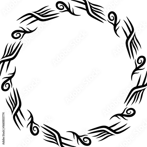 Abstract circular design featuring intricate black tribal patterns against a white background